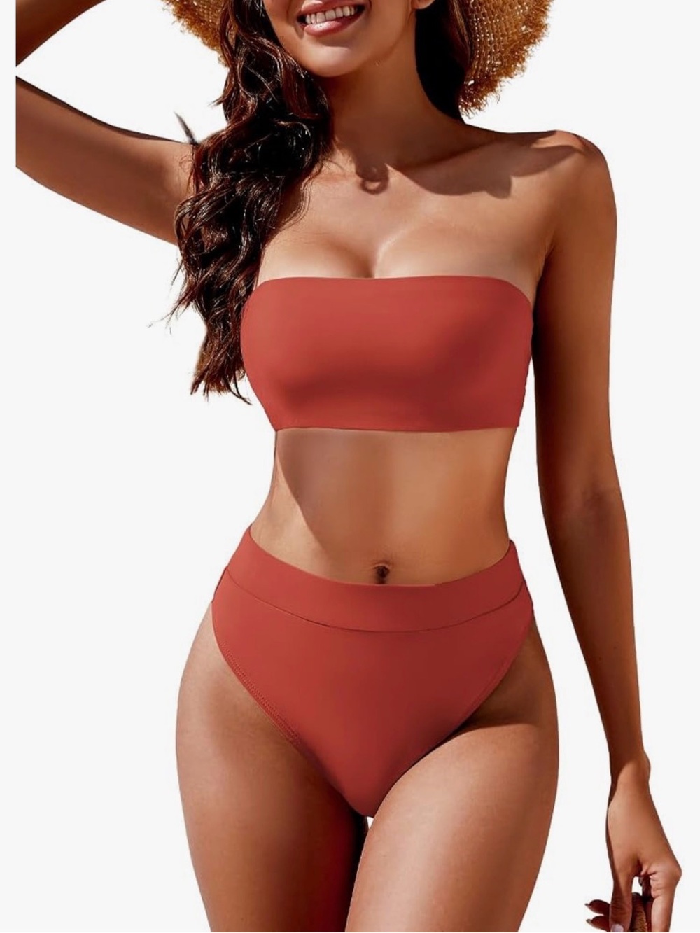 YACUN Women Strapless Bandeau High Waist Two Piece Bikini Set - Rust Red Small